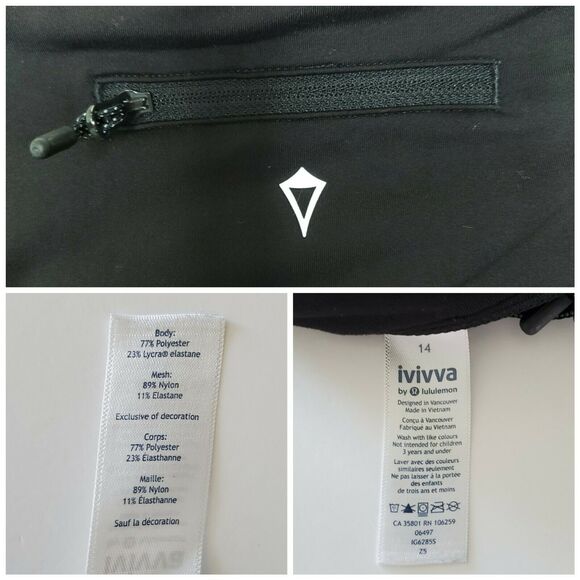 Ivivva Girls Crop Leggings 14 Black Mesh Inserts Security Pocket Active - Picture 8 of 9